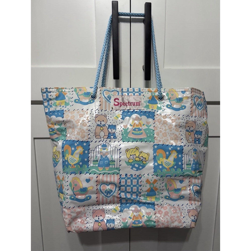 Vtg Vinyl Spectrum Diaper Bag Tote Teddy Bears Cat Rooster Pastel 90s